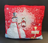 Pernă decorativă roșie cu om de zăpadă și lampă - 45x45cm